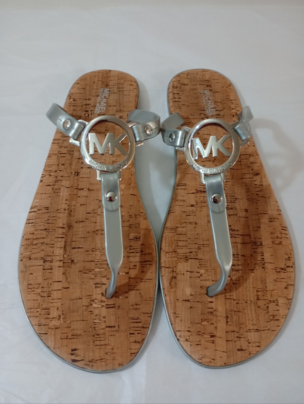 Michael Kors Silver Cork Footbed Thong Sandals with MK Logo